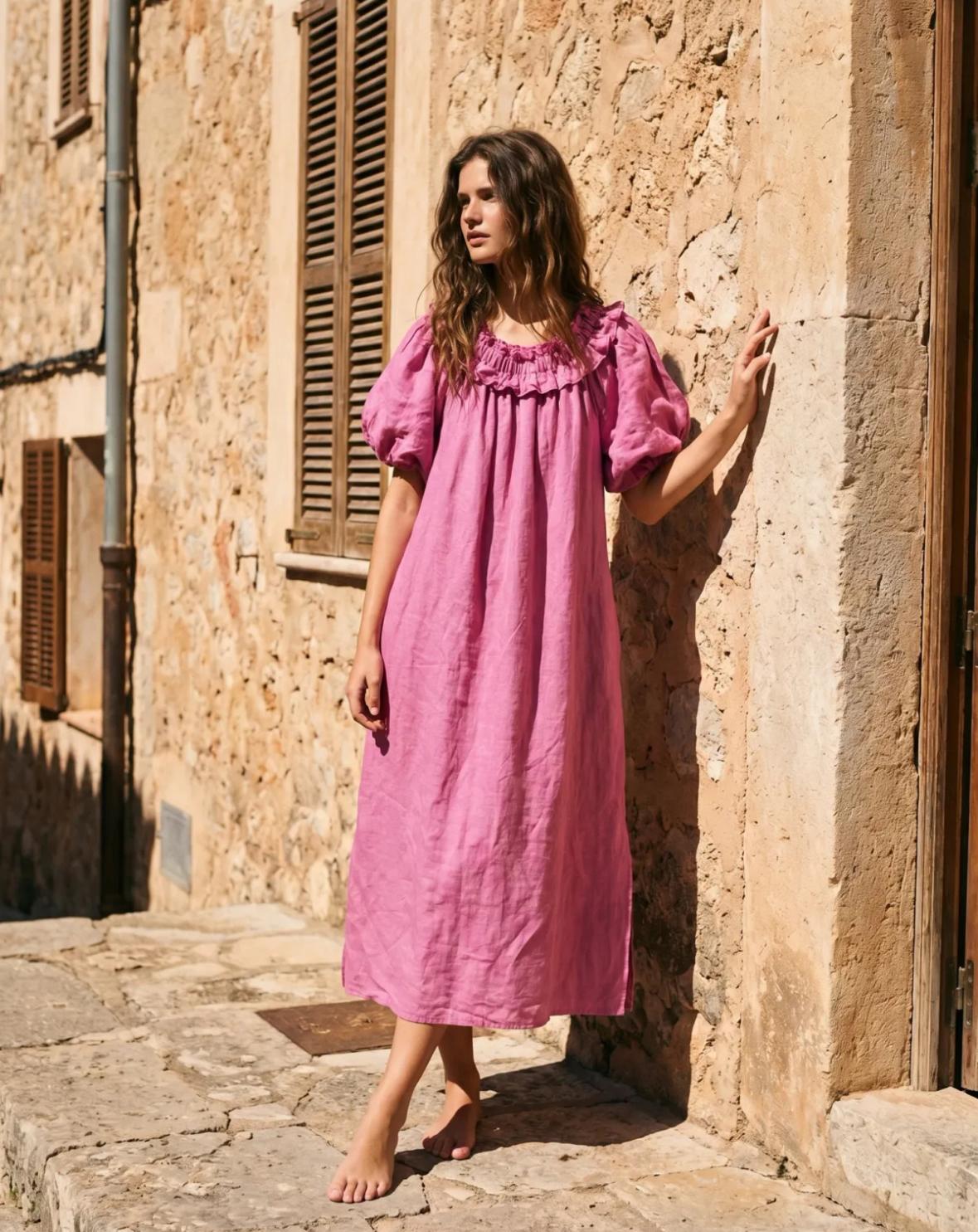 OFF THE SHOULDER SIDE SPLIT LINEN MAXI DRESS