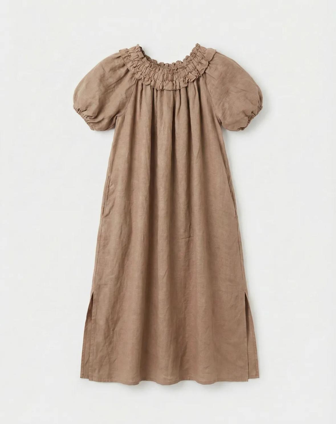 OFF THE SHOULDER SIDE SPLIT LINEN MAXI DRESS
