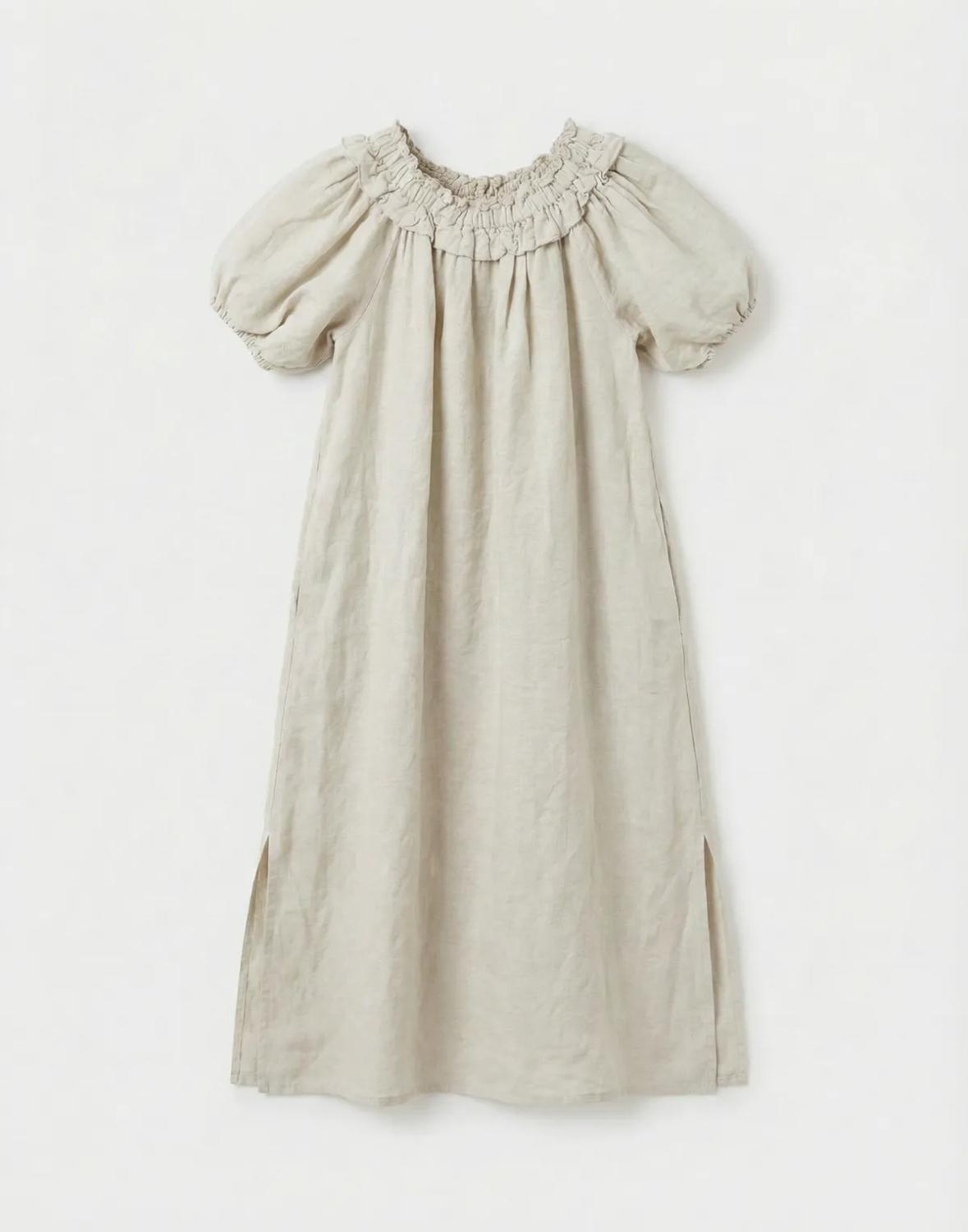 OFF THE SHOULDER SIDE SPLIT LINEN MAXI DRESS