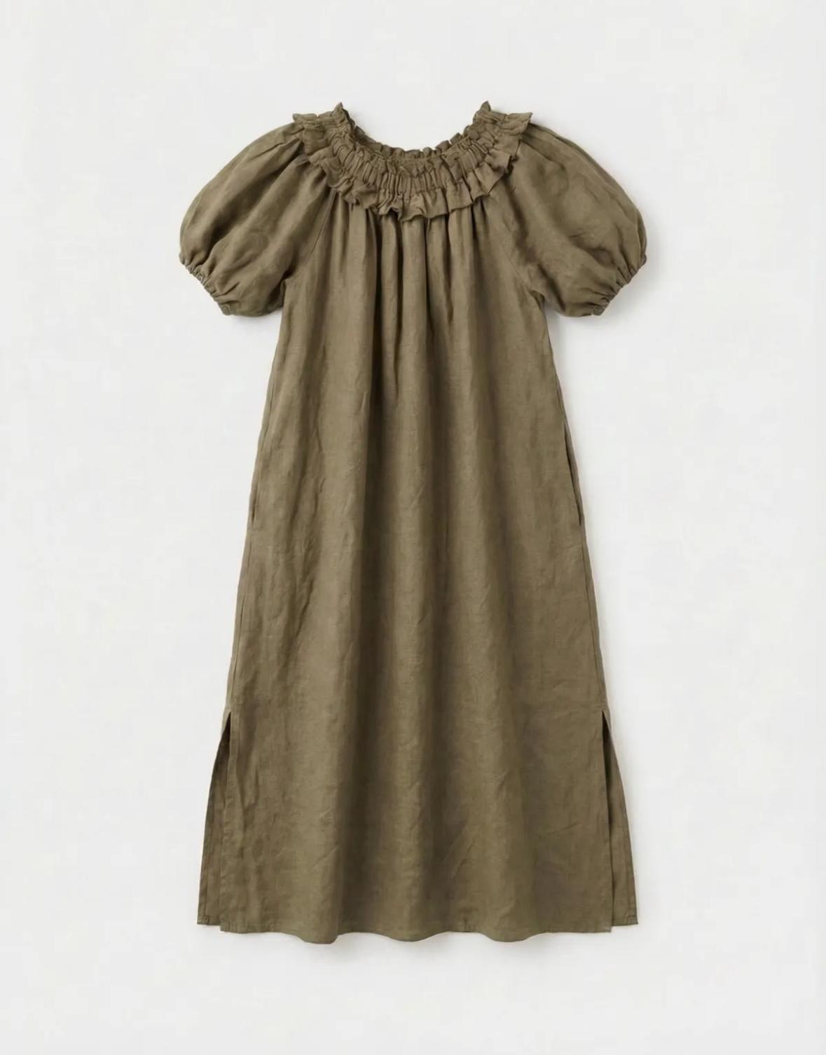 OFF THE SHOULDER SIDE SPLIT LINEN MAXI DRESS